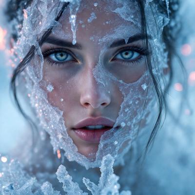 The primary subject of the image is a woman with blue eyes, who is covered in ice crystals. She is looking at the camera with a close-up view of her face. The setting is a snowy environment, and the visual style appears to be a digital art or illustration. The colors in the image are predominantly blue and white, creating a cold and icy atmosphere.